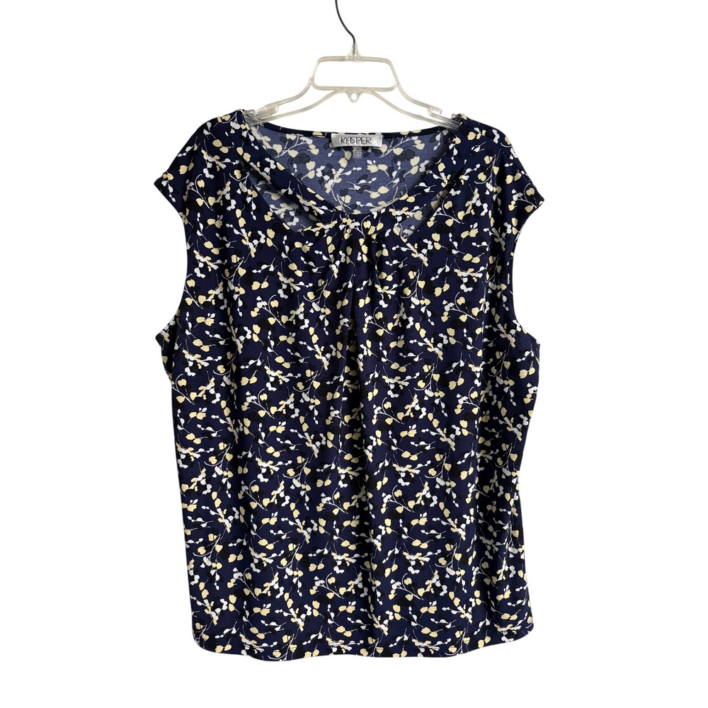 Kasper Women 2X Navy Blue Floral Sleeveless Blouse Top Plus Size Career Casual